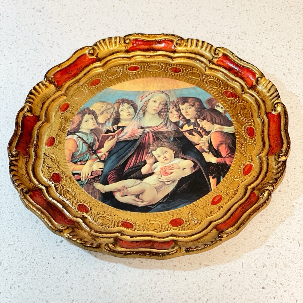 Vintage Florentine Gilt Tray with Madonna Decal 7.5” - Picture 4 of 10